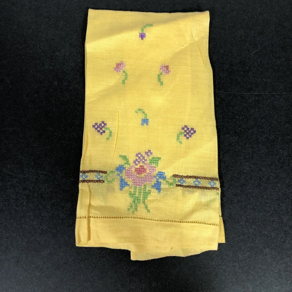 Vintage Tea Towel Yellow Cross Stitch Flowers Retro Shabby Chic Small Embroidery